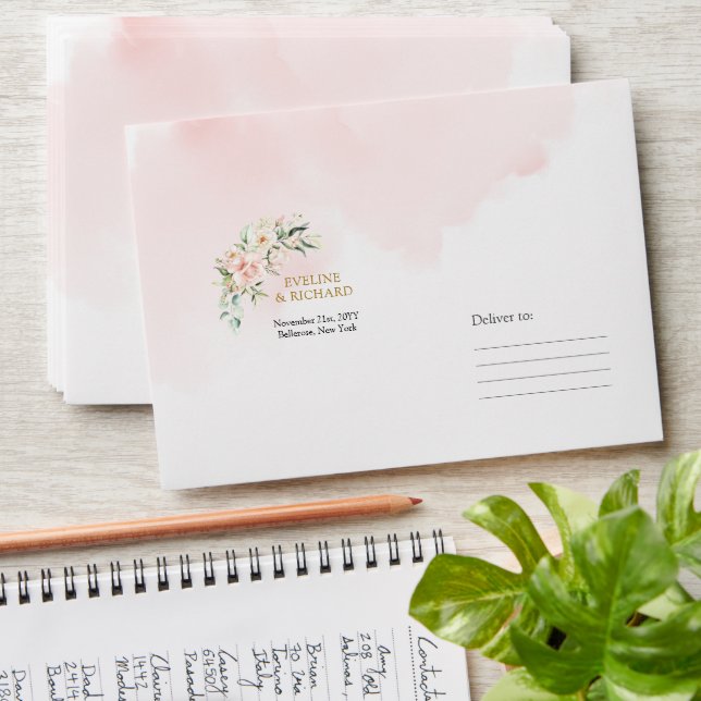 Modern watercolor pink roses gold wedding envelope (Stacked)