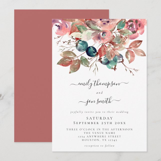 Modern Watercolor Pink Teal Florals Wedding Invitation (Front/Back)