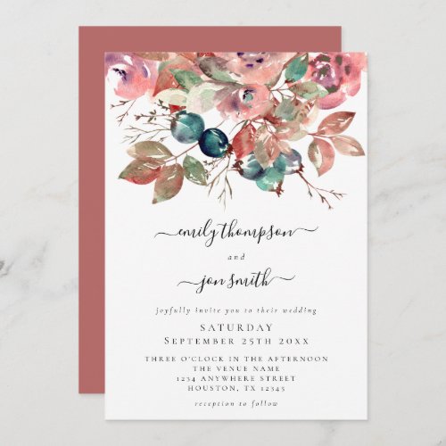 Modern Watercolor Pink Teal Florals Wedding Invitation