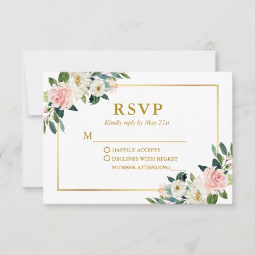 Modern Watercolor Pink White Floral Wedding RSVP Card
