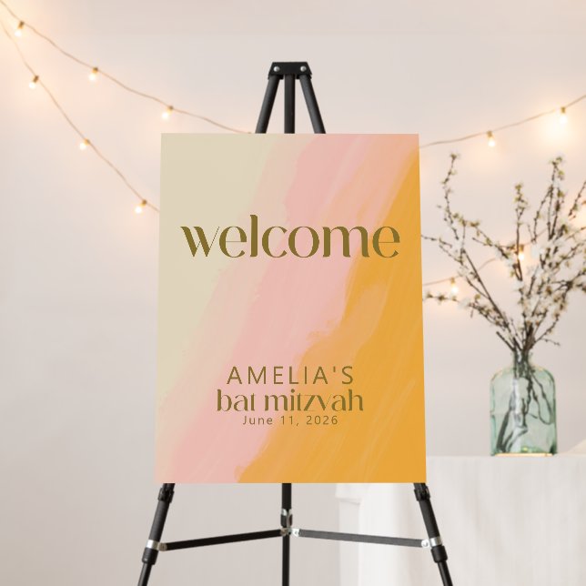 Modern Watercolor Pink Yellow Bat Mitzvah Welcome Foam Board (In Situ (Stand))