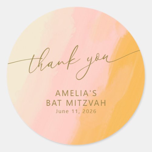 Modern Watercolor Pink Yellow Custom Bat Mitzvah  Classic Round Sticker