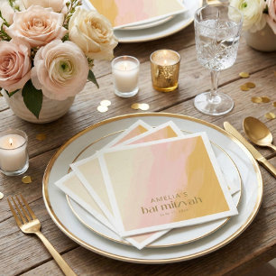 Modern Watercolor Pink Yellow Custom Bat Mitzvah Napkins