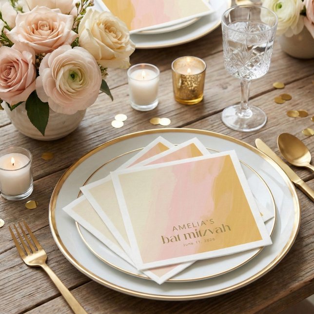 Modern Watercolor Pink Yellow Custom Bat Mitzvah  Napkins (Creator Uploaded)