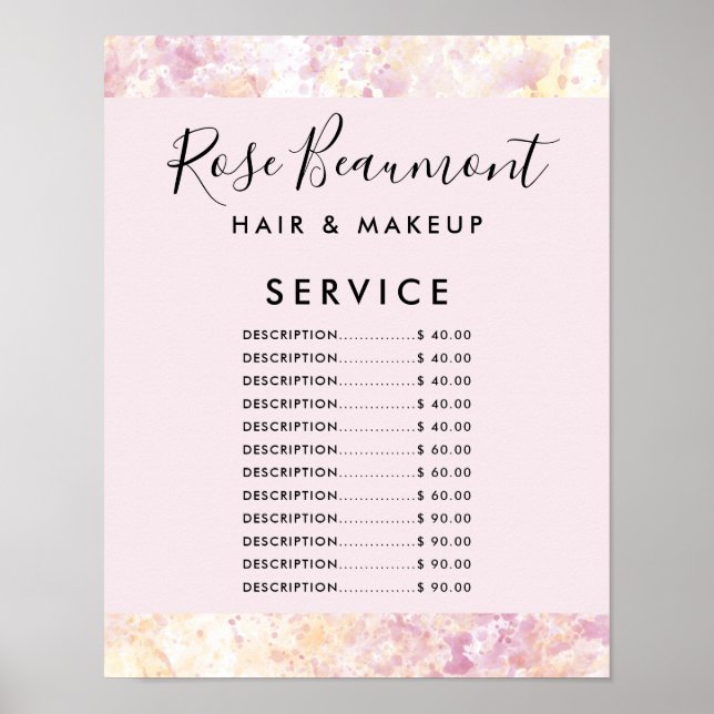 Modern Watercolor Pink Yellow Price List Poster (Front)