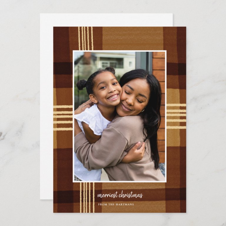 Modern Watercolor Plaid Amber Christmas Photo Holiday Card