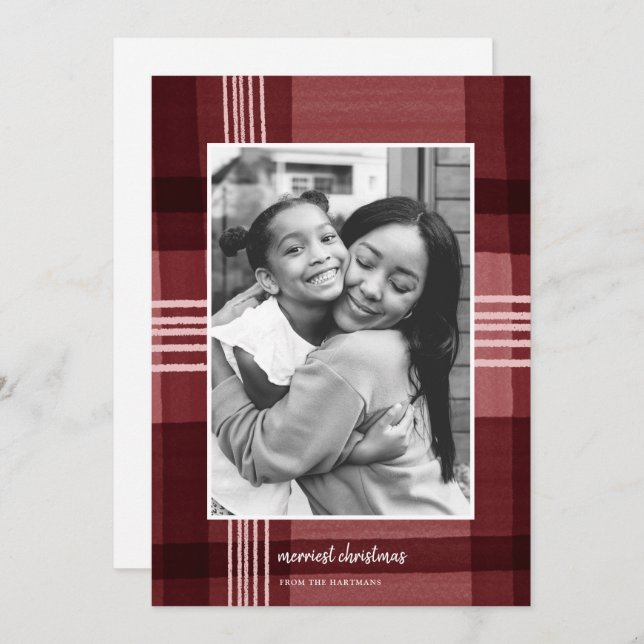Modern Watercolor Plaid Red Christmas Photo   Holiday Card (Front/Back)