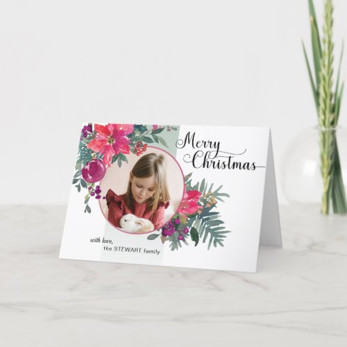 Modern Watercolor Poinsettias and Script Photo Holiday Card