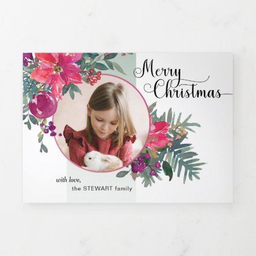 Modern Watercolor Poinsettias and Script Photo Tri_Fold Holiday Card