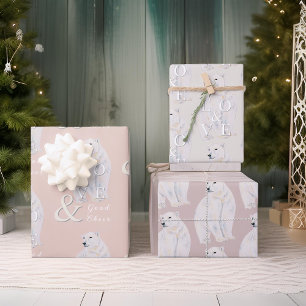 Modern Watercolor Polar Bear Christmas Typography Wrapping Paper Sheets