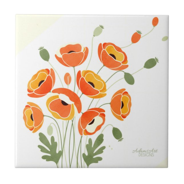 Modern Watercolor Poppies Ceramic Tile (Front)