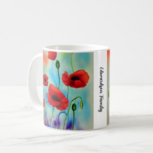 Modern watercolor poppies family name coffee mug