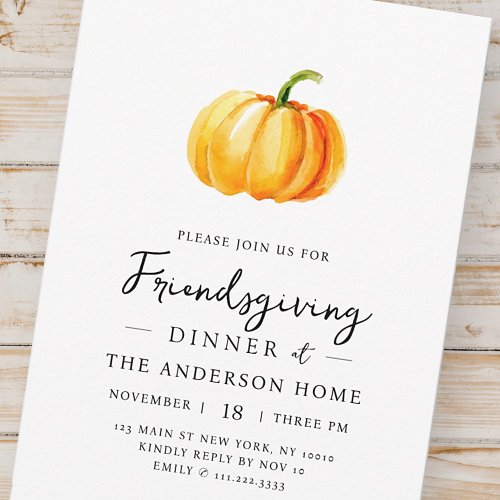 Modern Watercolor Pumpkin Friendsgiving Dinner Invitation