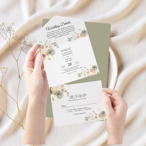 Modern Watercolor Pumpkins  Flowers  All In One Invitation