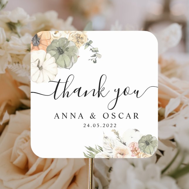 Modern Watercolor Pumpkins & Flowers  Square Sticker (Creator Uploaded)