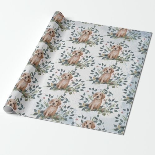 Modern Watercolor Puppy Dog Floral Eucalyptus Gift Wrapping Paper