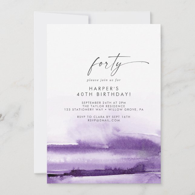 Modern Watercolor | Purple 40th Birthday Party Invitation (Front)