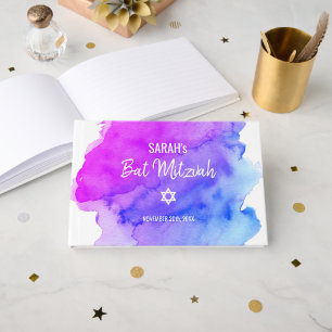 Modern Watercolor Purple Blue Star BAT MITZVAH Guest Book