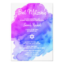Modern Watercolor Purple Blue Star BAT MITZVAH Invitation