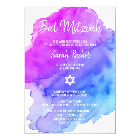 modern watercolor purple blue star bat mitzvah invitation zazzle com