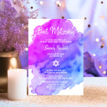Modern Watercolor Purple Blue Star BAT MITZVAH Invitation<br><div class="desc">Beautiful religious Jewish Bat Mitzvah invitation cards.  Light watercolor pastel purple,  violet,  blue,  turquoise with star of David in white.  Modern script letters. 'Is called to the TORAH as a Bar Mitzvah'. Perfect for 12 year old daughter,  girl. Easy to edit - just add your information / text.</div>