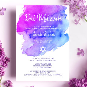Modern Watercolor Purple Blue Star BAT MITZVAH Invitation