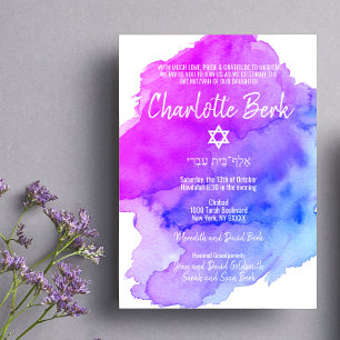 Modern Watercolor Purple Blue Star BAT MITZVAH Invitation