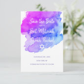 Modern Watercolor Purple Blue Star BAT MITZVAH Save The Date (Standing Front)