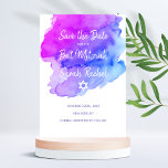 Modern Watercolor Purple Blue Star BAT MITZVAH Save The Date<br><div class="desc">Beautiful religious Jewish Bat Mitzvah SAVE THE CARD cards. Light watercolor pastel purple, violet, blue, turquoise with star of David in white. Modern script letters. 'Is called to the TORAH as a Bar Mitzvah'. Perfect for 12 year old daughter, girl. Easy to edit - just add your information / text....</div>