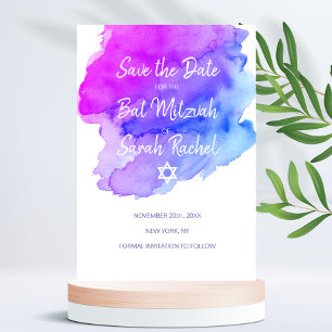 Modern Watercolor Purple Blue Star BAT MITZVAH Save The Date