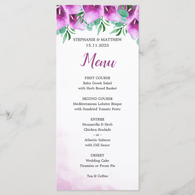 Modern Watercolor Purple Calla Lily Wedding Menu (Front)
