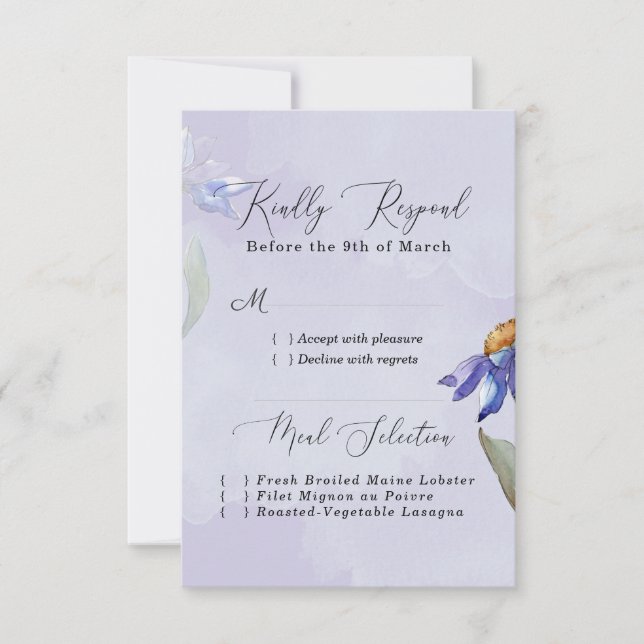 Modern Watercolor Purple Daisy Wedding / Event RSVP Card (Front)