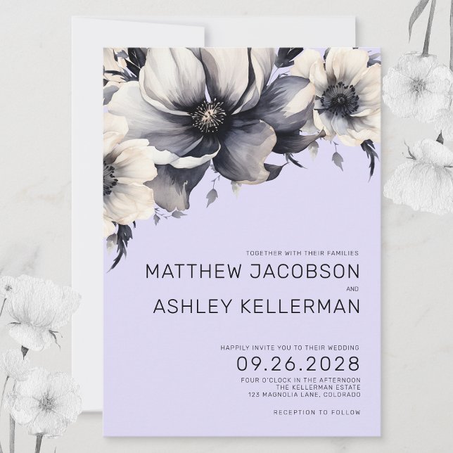Modern Watercolor Purple Floral Wedding Invitation (Chic Modern Lilac Lavender Purple Floral Wedding Invitation)