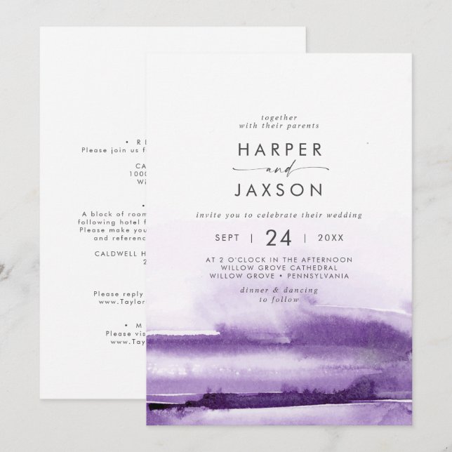 Modern Watercolor | Purple Front and Back Wedding Invitation (Front/Back)