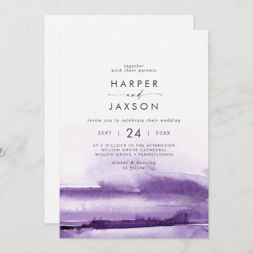 Modern Watercolor  Purple Front and Back Wedding Invitation