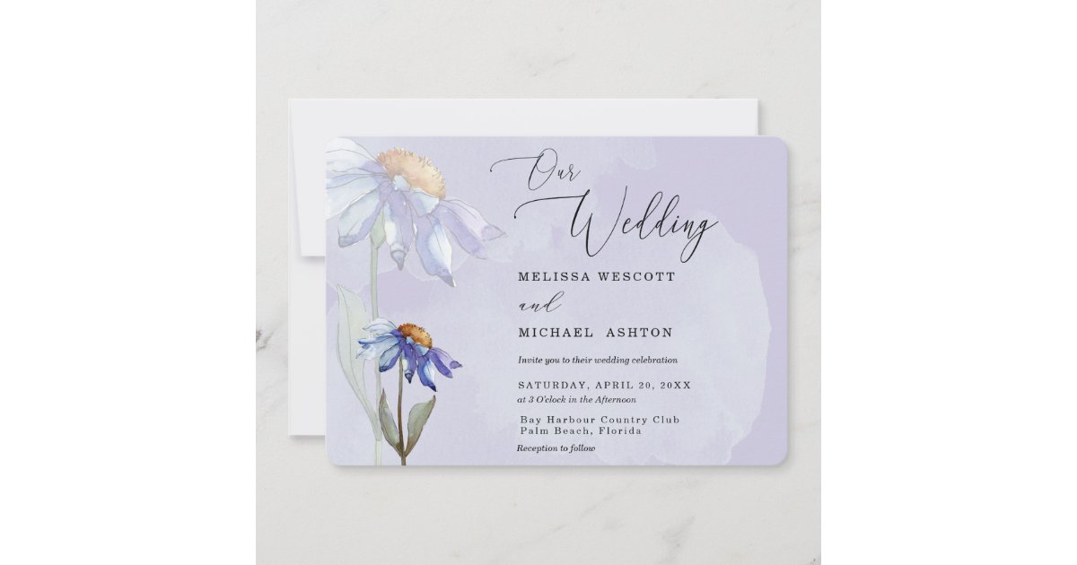 Modern Watercolor Purple Gerbera Daisy Wedding Invitation | Zazzle