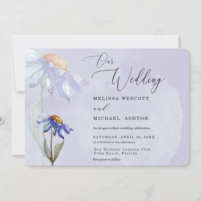 Modern Watercolor Purple Gerbera Daisy Wedding Invitation | Zazzle