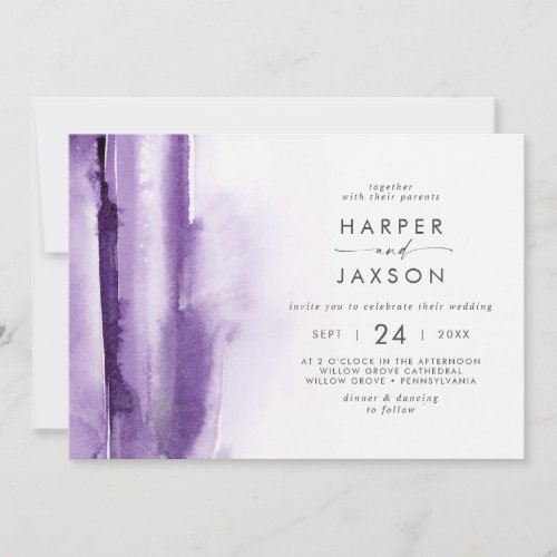 Modern Watercolor  Purple Horizontal Wedding Invitation