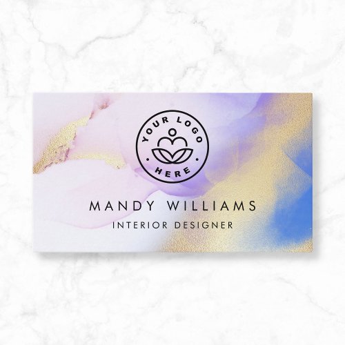 Modern Watercolor Purple Ink Gold Abstract Marble Business Card