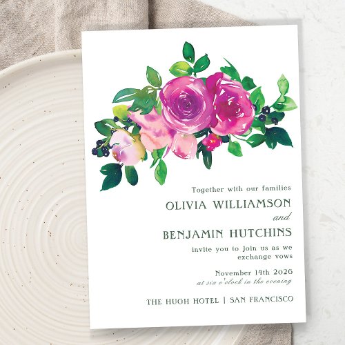 Modern Watercolor Purple Magenta Floral Wedding Invitation