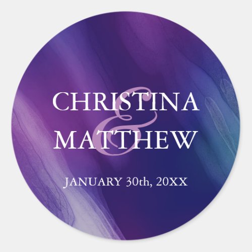 Modern Watercolor Purple Navy Blue Wedding Classic Round Sticker