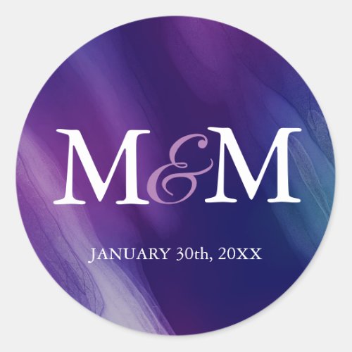 Modern Watercolor Purple Navy Blue Wedding Classic Round Sticker