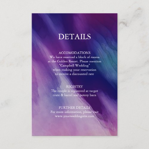 Modern Watercolor Purple Navy Blue Wedding Details Enclosure Card