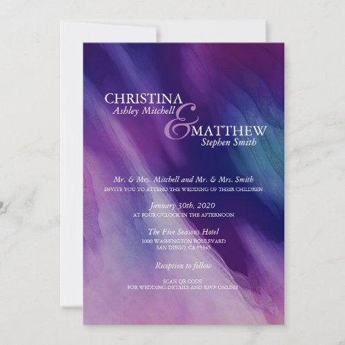 Modern Watercolor Purple Navy Blue Wedding QR code Invitation