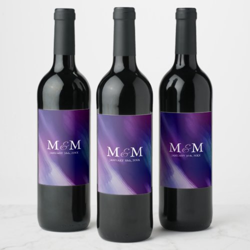 Modern Watercolor Purple Navy Blue Wedding Wine Label
