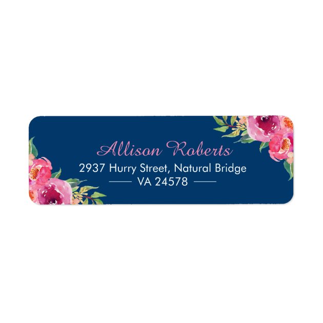 Modern Watercolor Purple Red Pink Floral Navy Blue Label