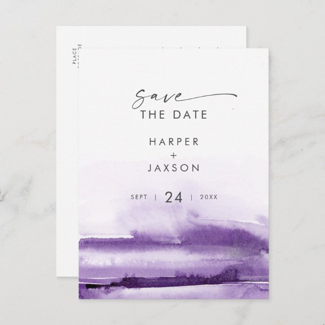 Modern Watercolor | Purple Save the Date Invitation Postcard (Front/Back)