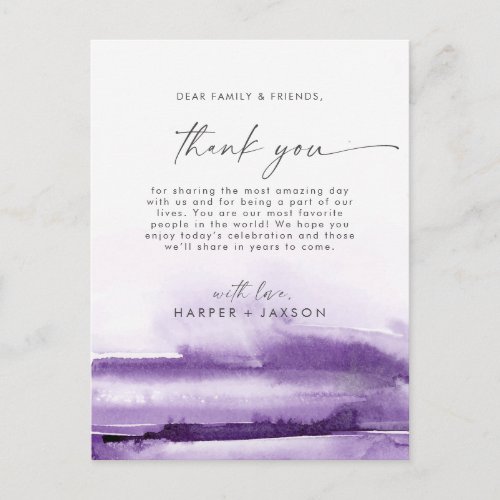 Modern Watercolor Purple Thank You Reception Card