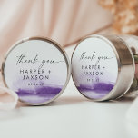 Modern Watercolor | Purple Thank You Wedding Favor Classic Round Sticker<br><div class="desc">These modern watercolor purple thank you wedding favor stickers are perfect for a stylish contemporary wedding reception. The minimalist, classic and elegant design collection features simple water color paint brush strokes in pretty jewel tones. Personalize the sticker labels with your names, the event (if applicable), and the date. These stickers...</div>