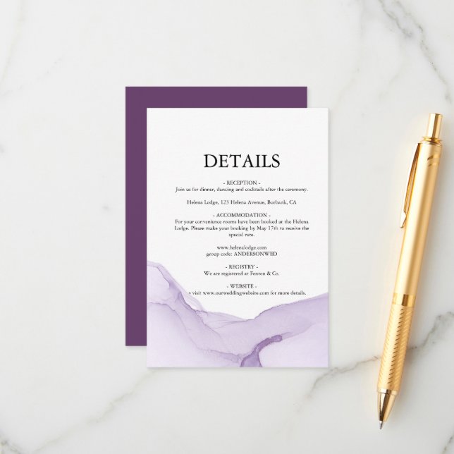 Modern Watercolor Purple Wedding Enclosure Card (Front/Back In Situ)